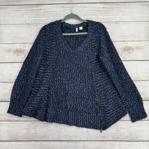 Moth Anthropologie Wool Blend Chunky Knit Womens Large Blue 1/4 Zip Hem